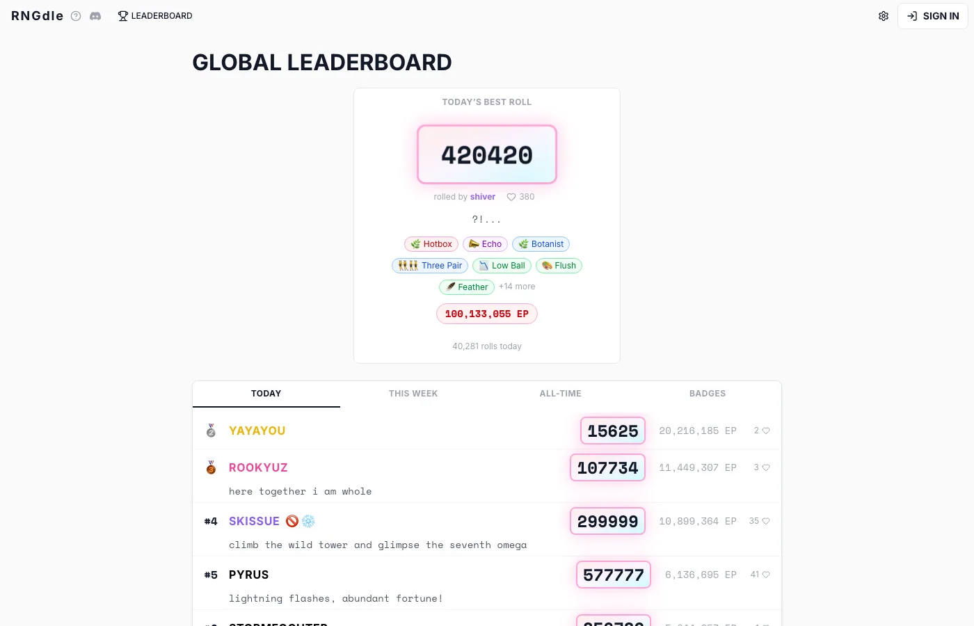 RNGdle leaderboard with Today, This Week, All-time, and Badges tabs